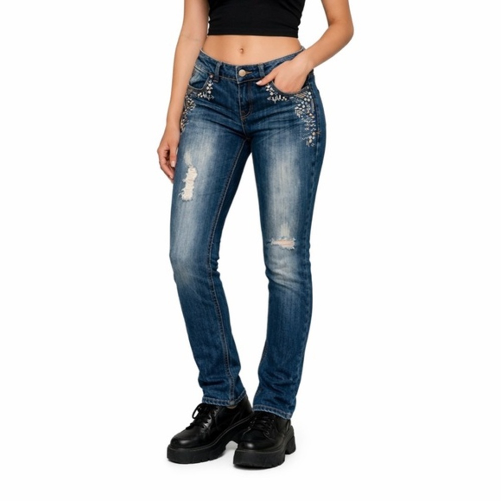 Y2K Dollhouse Rhinestone Skinny Jeans Size 11 Distressed Low Rise Punk Grunge